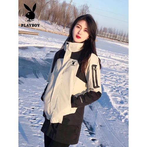 花花公子戶外秋冬大碼沖鋒衣男女三合一可拆卸加絨加厚登山服外套