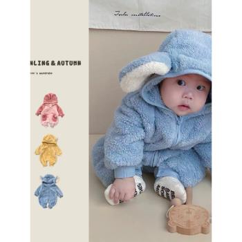 嬰幼兒冬季連體衣寶寶卡通連帽爬服新生兒毛絨保暖哈衣外出毛毛衣