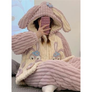 300斤特大碼卡通兔子三層夾棉珊瑚絨睡衣寬松加厚保暖外穿家居服