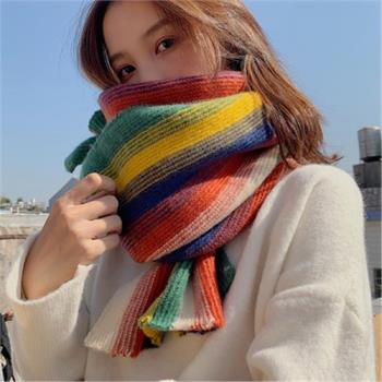 彩虹條紋女冬季針織ins毛線圍巾