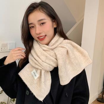 韓國ins米色羊毛圍巾女冬季學生加厚保暖純色百搭針織貼布圍脖潮