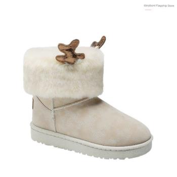 雪地百靴女百搭冬季搭誕麋鹿角潮搭棉鞋加絨厚圣底保暖短筒靴