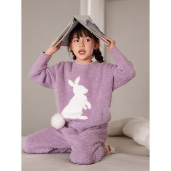 貝妍冬季兒童珊瑚絨睡衣可愛兔子親子裝保暖加厚半邊絨女童家居服