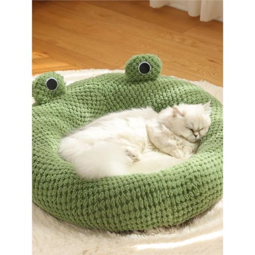 貓窩可愛四季通用卡通青蛙毛絨墊子半封閉保暖窩可水洗狗窩貓房子