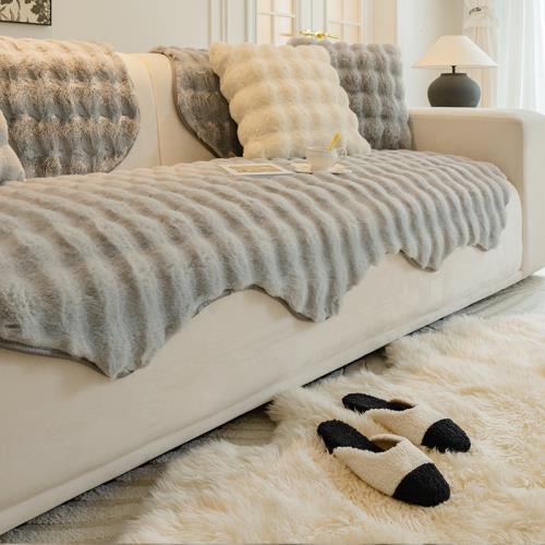 兔兔絨沙發墊冬季不規則異型加厚毛絨坐墊防滑真皮沙發套罩蓋布巾