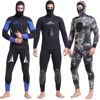潛水服男5mm加厚保暖防寒帶帽兩件套裝連體專業濕式迷彩捕獵魚服