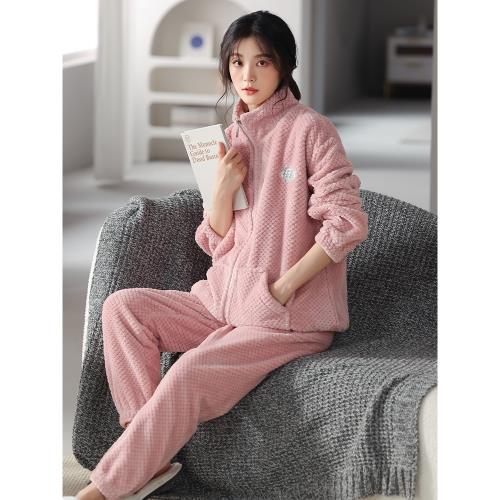 氧時間珊瑚絨睡衣女冬季加厚加絨家居服新款拉鏈簡約女士保暖套裝