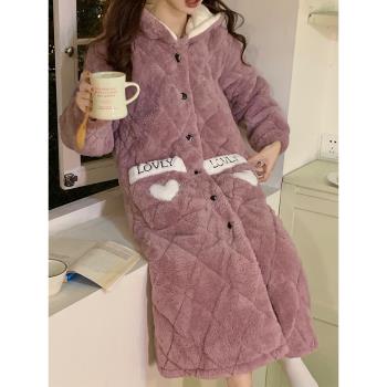 女珊瑚絨夾棉三層冬款保暖睡袍