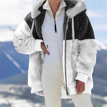 歐美風格街頭時尚秋冬季氣質保暖毛絨拼布拉鏈口袋連帽寬松外套女