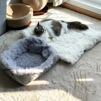 貓窩冬季保暖寵物窩長絨貓咪深睡眠窩窩墊子兩用小型犬睡墊貓毯子