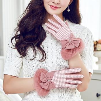 羊毛女格紋保暖時尚分指針織手套