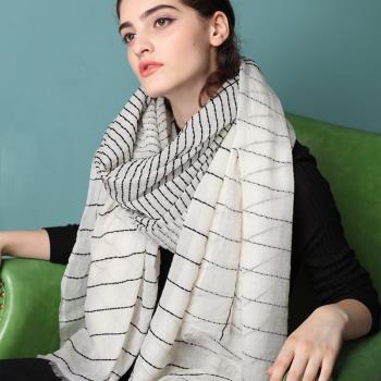 女冬季條紋長方形羊絨披肩圍巾