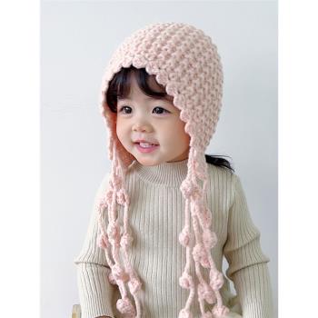 甜美女童帽子秋冬季手工針織寶寶保暖護耳帽民族風兒童流蘇公主帽