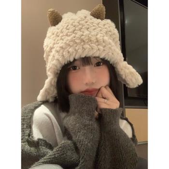 小羊帽子女秋冬季韓版可愛毛絨雷鋒帽顯臉小保暖加厚護耳帽大頭圍
