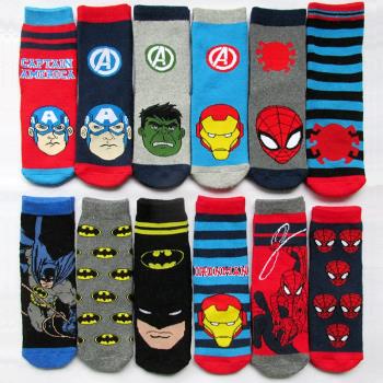 日單漫威DC美國隊長綠巨人鋼鐵蜘蛛蝙蝠俠兒童膠底防滑毛圈保暖襪