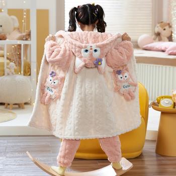2023新款兒童冬季睡衣女童法蘭絨保暖睡袍大童加絨加厚家居服套裝