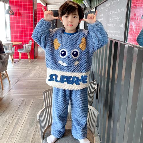 男童法蘭絨睡衣套裝秋冬新款兒童加厚珊瑚絨卡通中大童家居服保暖