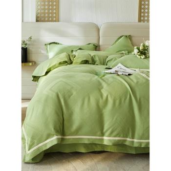 高級感華夫格100全棉四件套輕奢風綠色被套純棉水洗棉床單1.8床品