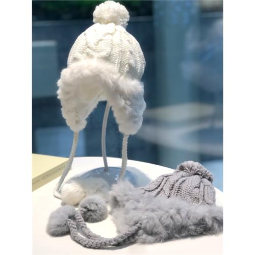 毛線帽子女冬季毛絨防寒加絨保暖護耳帽曉彤同款白色針織帽毛球