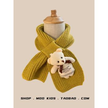小熊兒童圍巾秋冬款寶寶針織保暖交叉圍脖男女童防風純色柔軟圍巾