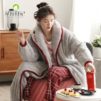 加長款睡袍女秋冬夾棉三層保暖冬季睡衣裙加厚加絨珊瑚絨加棉浴袍