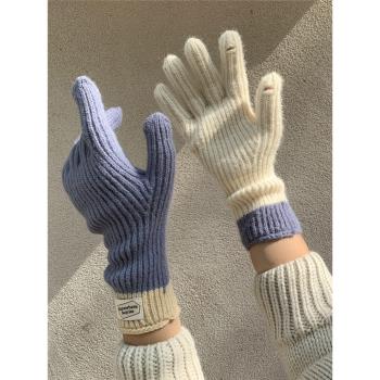 露指觸屏拼色分指毛線針織手套冬季可愛男女2023新款保暖五指手套