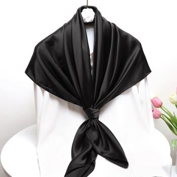 110厘米純黑色圍巾真絲緞面超大方巾披肩女士防曬保暖桑蠶絲絲巾