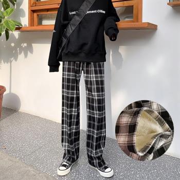 加厚羊羔絨黑白格子褲女休閑高腰直筒寬松顯瘦闊腿褲冬長褲保暖褲
