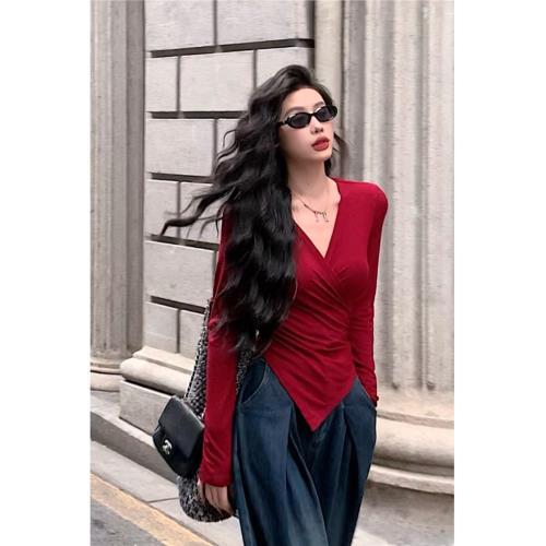 早秋新款女裝2025辣妹純欲穿搭設計感小眾V領收腰長袖氣質上衣t恤