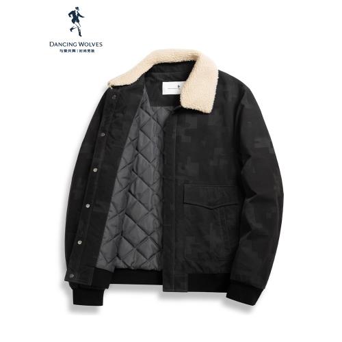 【暗紋夾棉】與狼共舞翻毛領夾克男士2024冬季新款防風保暖外套
