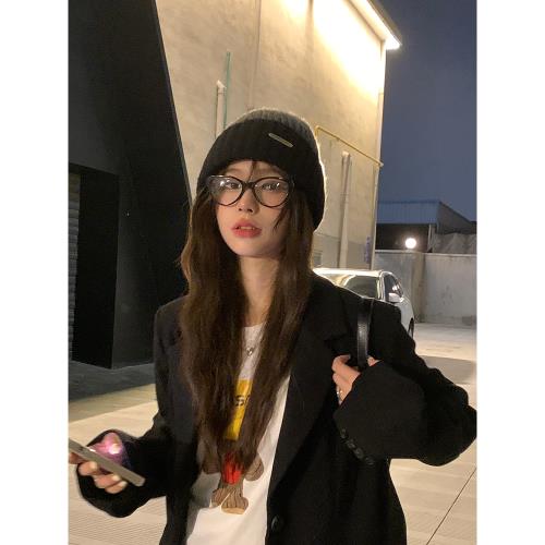 韓版針織帽子女秋冬2023新款保暖防寒針織帽大頭圍毛線帽黑色冷帽