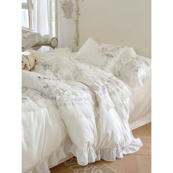 公主風100S高支長絨棉四件套法式浪漫花卉刺繡被套全棉床上用品