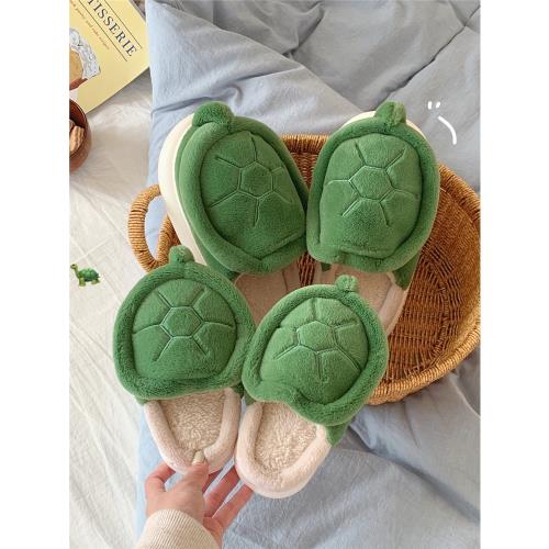 創意可愛小烏龜毛絨保暖親子棉拖鞋室內防滑百搭保暖月子鞋男女冬