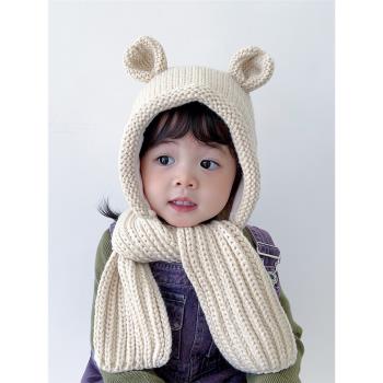 兒童帽子圍巾一體帽秋冬季韓版寶寶加絨護耳帽保暖男童女童毛線帽