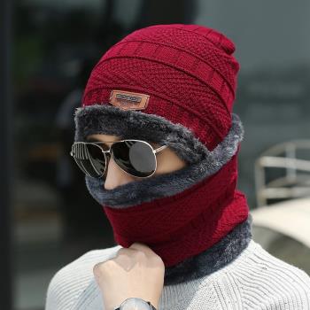 冬季圍脖一體帽加絨加厚保暖毛線帽戶外騎行護臉防寒風針織包頭帽