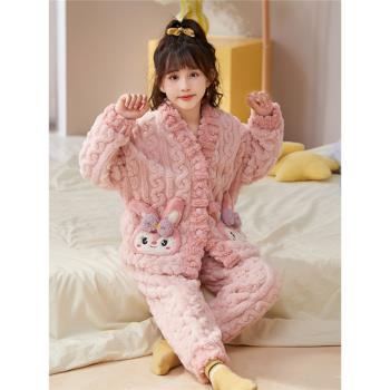 兒童睡衣冬季女童法蘭絨加絨加厚保暖家居服套裝卡通網紅珊瑚絨