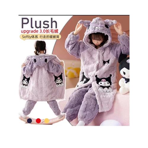 女童法蘭絨睡衣兒童秋冬季加厚珊瑚絨小女孩睡袍庫洛米家居服套裝