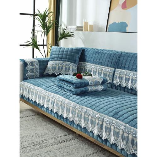 新北歐藍色沙發墊布藝毛絨防滑坐墊秋冬真皮加厚沙發套法萊絨罩巾