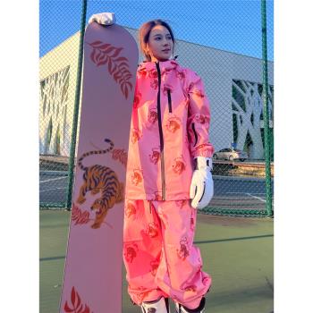 SAPU2022新款字母粉老虎滑雪服男女單板防水防風保暖滑雪衣褲套裝