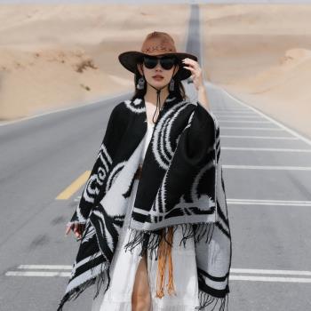 逸波西米亞黑色開叉巾保暖披肩加厚西藏大西北沙漠防風斗篷女旅游