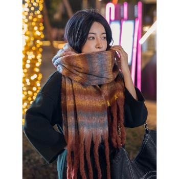 韓系條紋厚圍巾冬季女生2023新款高級感保暖圍脖百搭情侶披肩兩用