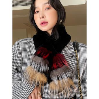 韓國皮草女冬季拼色獺兔毛圍巾