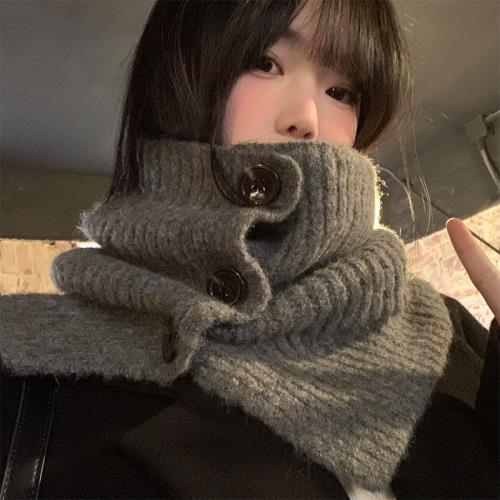 韓版紐扣圍脖女秋冬季ins復古保暖護頸脖套針織披肩兩用防寒圍巾