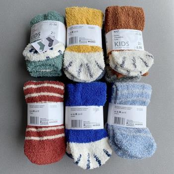 兩雙價 外貿單秋冬半邊絨珊瑚絨地板襪兒童中筒短筒柔保暖絨襪子