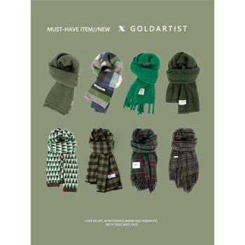 GOLDARTIST綠色圍巾女冬季高階感千鳥格圍脖保暖韓版百搭格子披肩