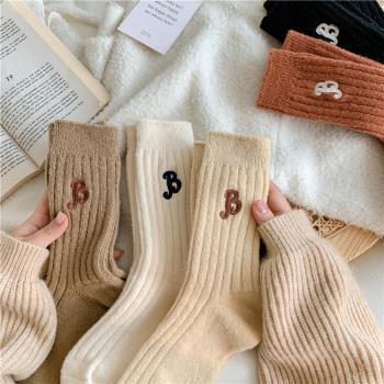新款大B字母堆堆襪 羊絨加厚柔和保暖襪子女士潮流純色中筒襪子