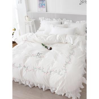 法式高級感白色床裙床上四件套100全棉純棉網紅公主風床單被套4夏