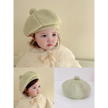 兒童冬季帽子女童貝雷帽潮小女孩保暖羊羔絨百搭寶寶套頭帽米白色