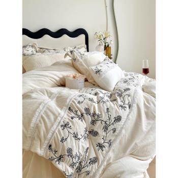 少女心法式冬季雙面牛奶絨四件套復古花卉刺繡保暖被套床上用品