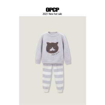 OPCP兒童秋冬軟綿綿半邊絨睡衣套裝加厚保暖男女童寶寶卡通家居服